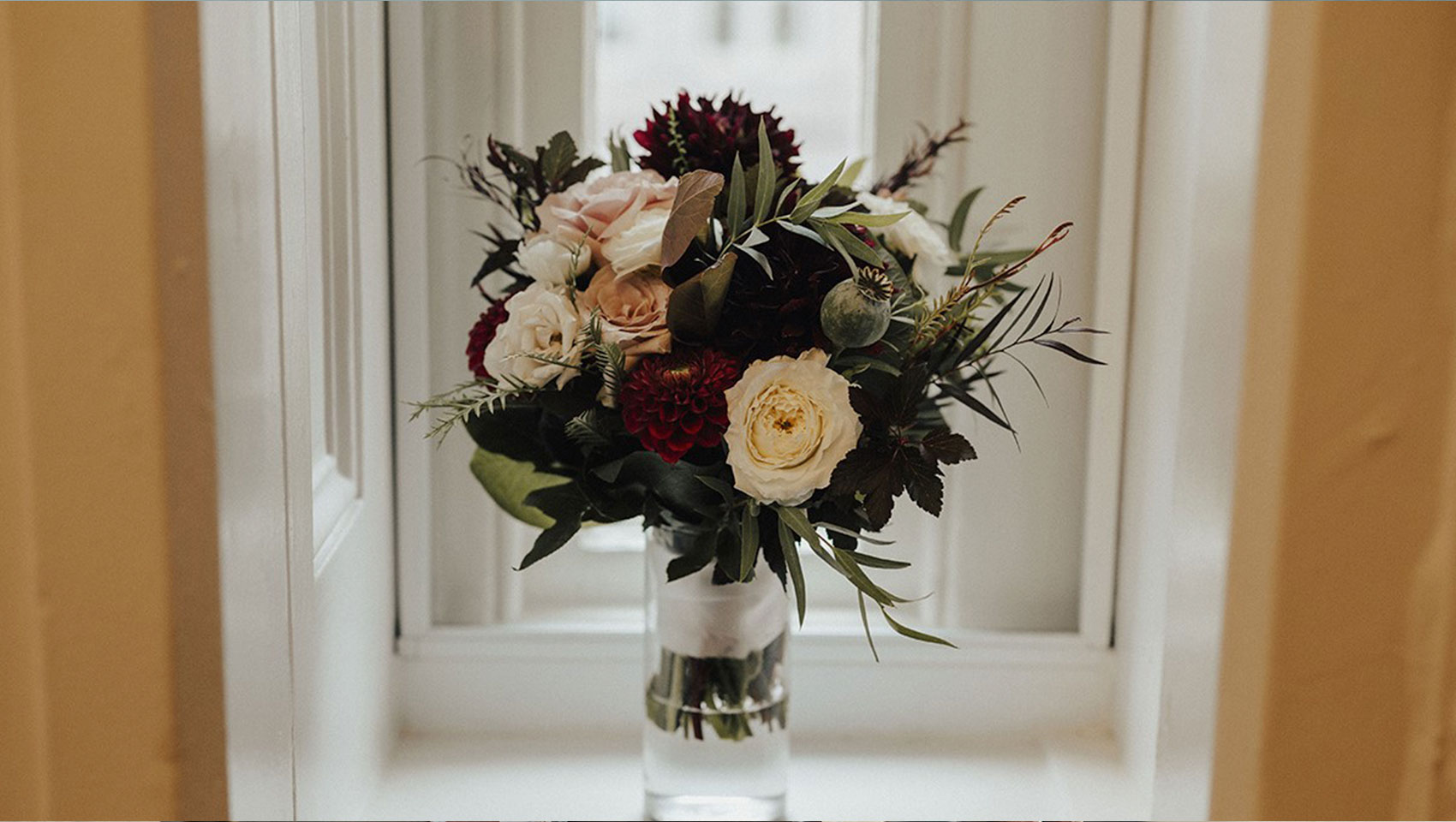 A bridal boquet displayed in a suite