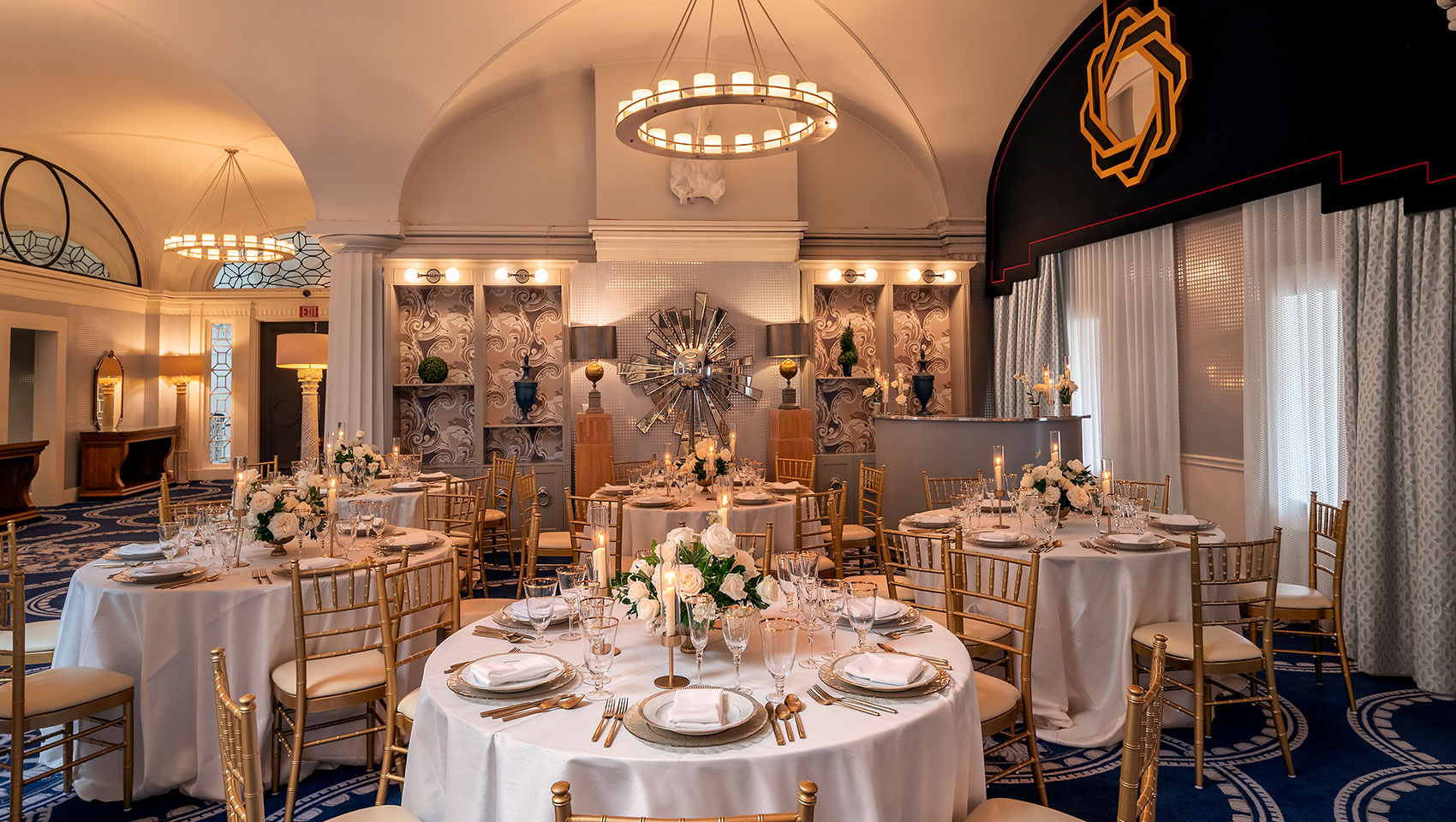 Paris Ballroom with round tables styled for a wedding reception
