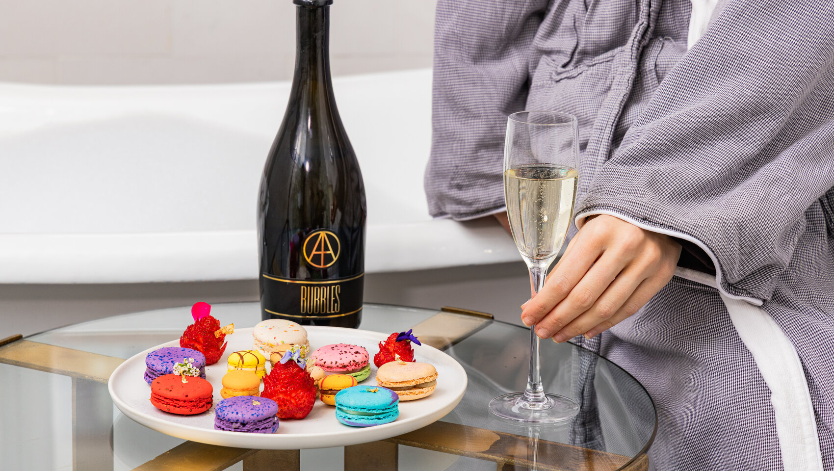 Sparkling wine and macarons at kimpton hotel monaco dc