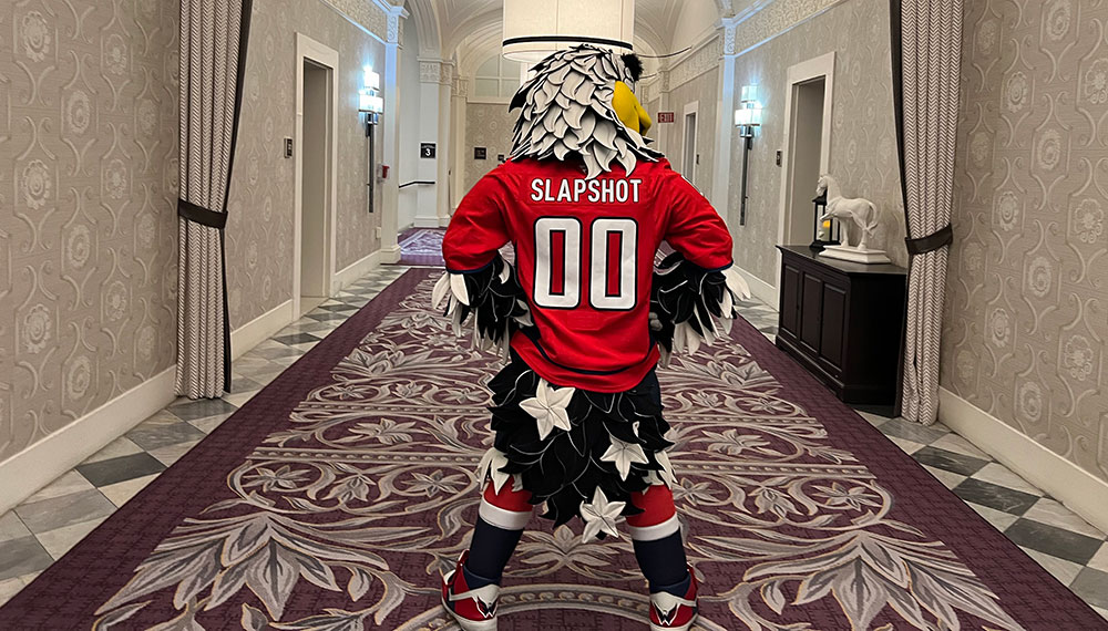 Capitals Mascot in hotel hallway
