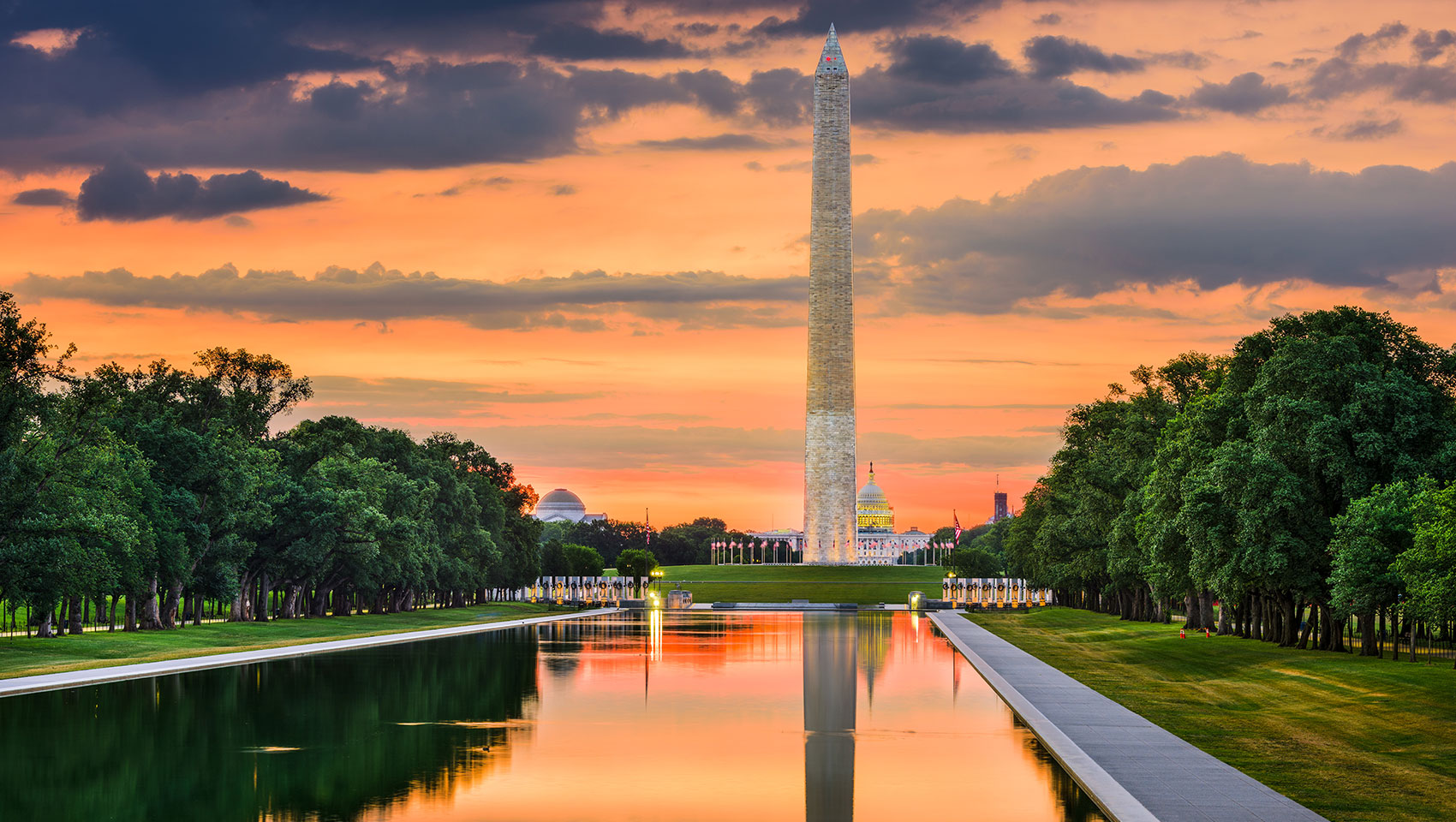washington monument at sunset