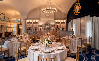 Paris Ballroom with round tables styled for a wedding reception